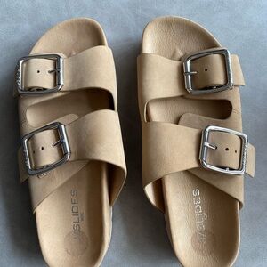 J Slides Tan Sandals with Silver Buckles